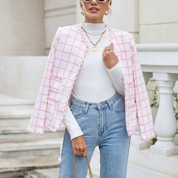 Pink Trendy Womens Plaid Print Open Front Pocket Patched Overcoat - Picture 1 of 5